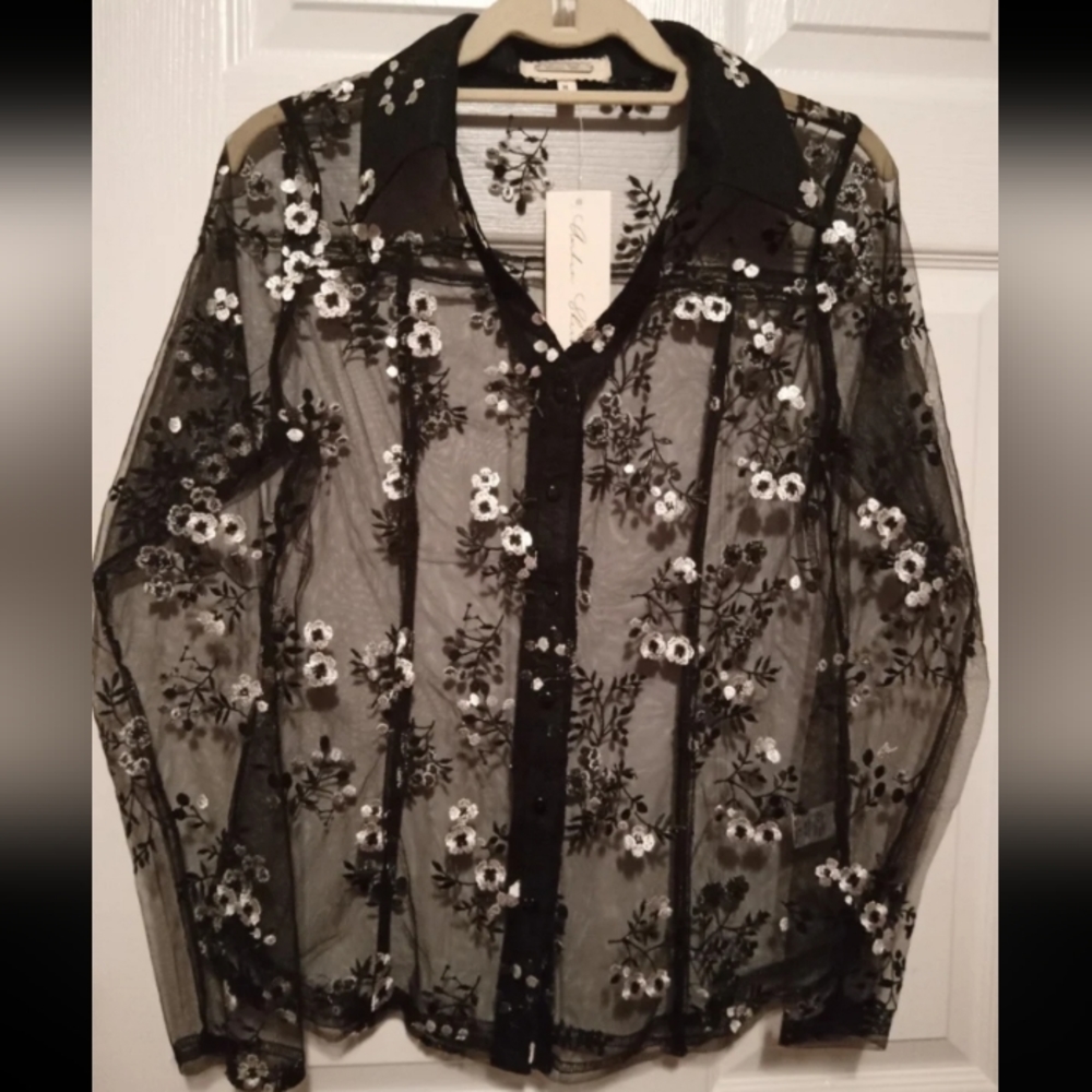 Amber Skies Vintage Sheer Black W/ White Flowered Blouse Misses Size (M)